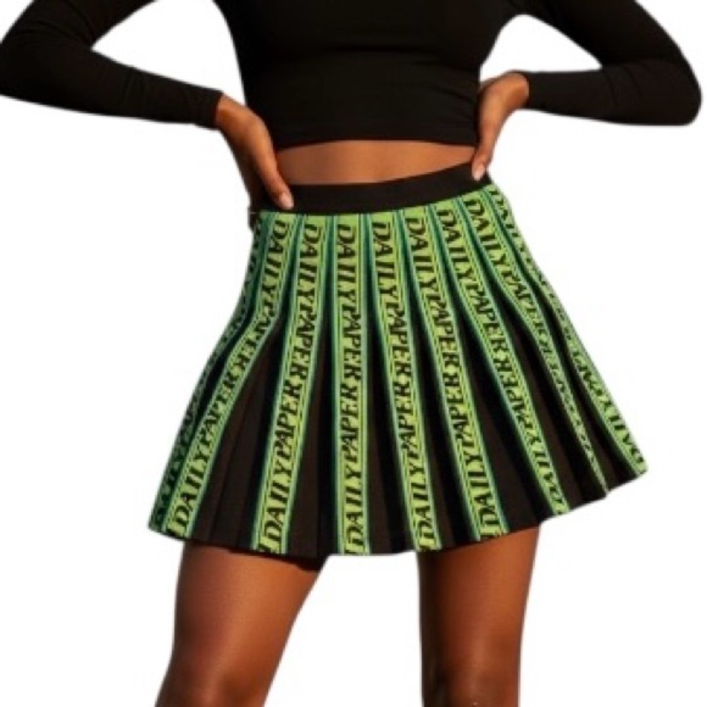 Daily Paper Acid Green & black Etape pleated Logo pleated Mini Skirt
